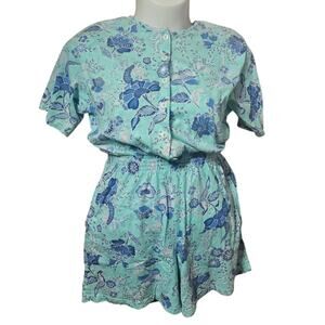 Blue Floral Short Sleeve Romper with Pocket Size Medium